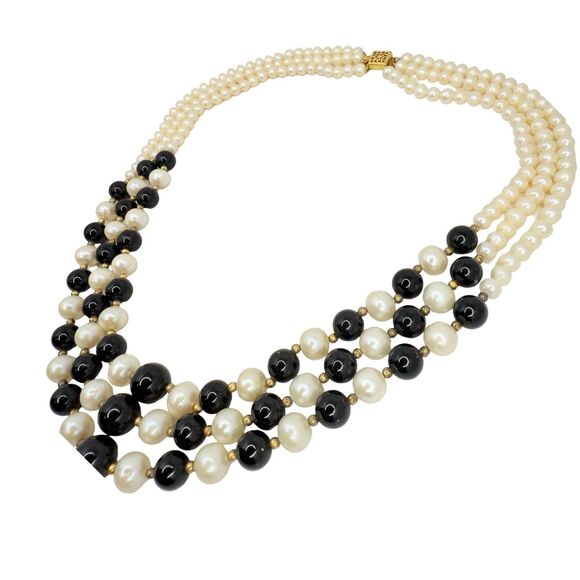 VTG White Pearl & Onyx Multi Strand Necklace 18" Gold Over 925 Sterling Silver - Picture 5 of 12
